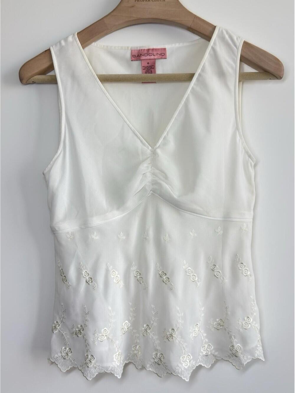 Bandolino White Embroidered Floral Tank Top Size 6 Y2K Cottagecore Side Zip
